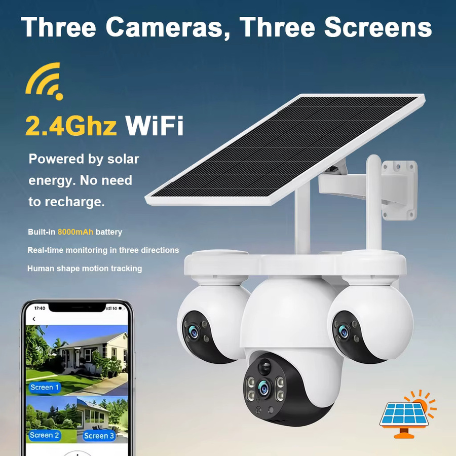 V380PRO Solar WiFi und 4G IP Kamera mit 3 Objektiven, 15 MP 8K Auflösung, Wasserdicht, Nachtsicht, Zwei-Wege-Audio und Mobile Tracking in Weiß - Bild 2