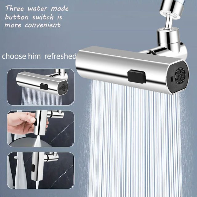 Universeller Küchen-Wasserfallhahn in Chrom Silber mit drehbarem Auslauf, Spritzschutz-Düse und drei Geschwindigkeiten für Küche und Bad - Bild 1