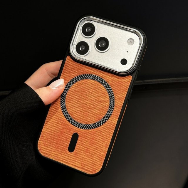 RPKKS MagSafe Handyhülle mit Retro-Denim-Textur für iPhone 17 16 15 14 13 Pro Max in Orange mit Metall-Linsenrahmen und Stoßfänger-Schutz - Bild 1