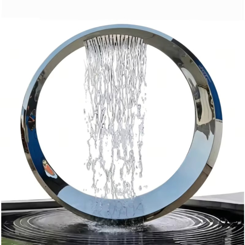 Moderne kreisförmige Wasserskulptur aus Edelstahl in Silber für den Außenbereich mit spiegelpolierter Oberfläche - Bild 5