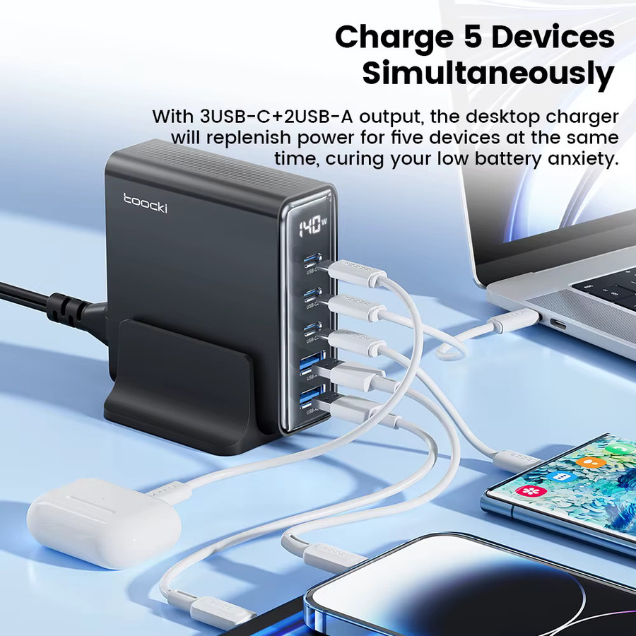 Toocki 140W GaN Desktop Ladestation mit USB-C, Digitalanzeige und Schnellladung PD3.0/QC4.0, Schwarz - Bild 4