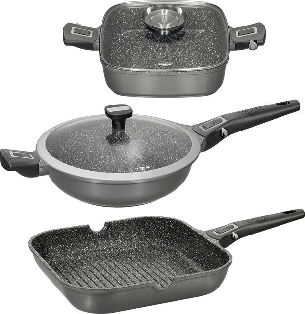 STONELINE Imagination PLUS 4-teiliges Pfannen-Set mit abnehmbaren Griffen und Deckeln, Grau, Aluminium, Antihaftbeschichtung - Bild 1
