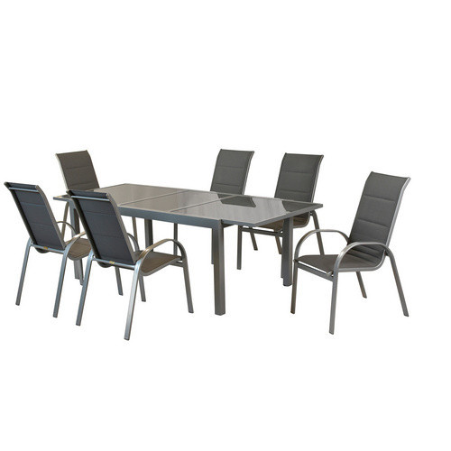 Merxx Gartenmöbelset Amalfi 7-teilig aus Aluminium und Textil in Grau mit Tisch und 6 Stapelsesseln, Tisch Breite: 140 cm, Tiefe: 90 cm, Höhe: 76 cm - Bild 2