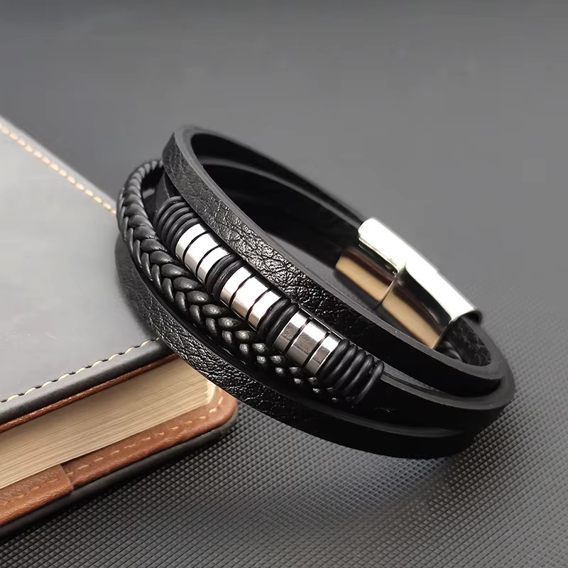 jiangmingao Armband, Leder, Edelstahl, geflochtenes Seil, Perlen, Herren - Bild 2