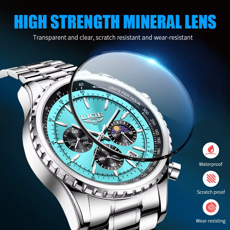 LIGE Chronograph Armbanduhr, Quarz, Edelstahl, Blau, Herren - Bild 3