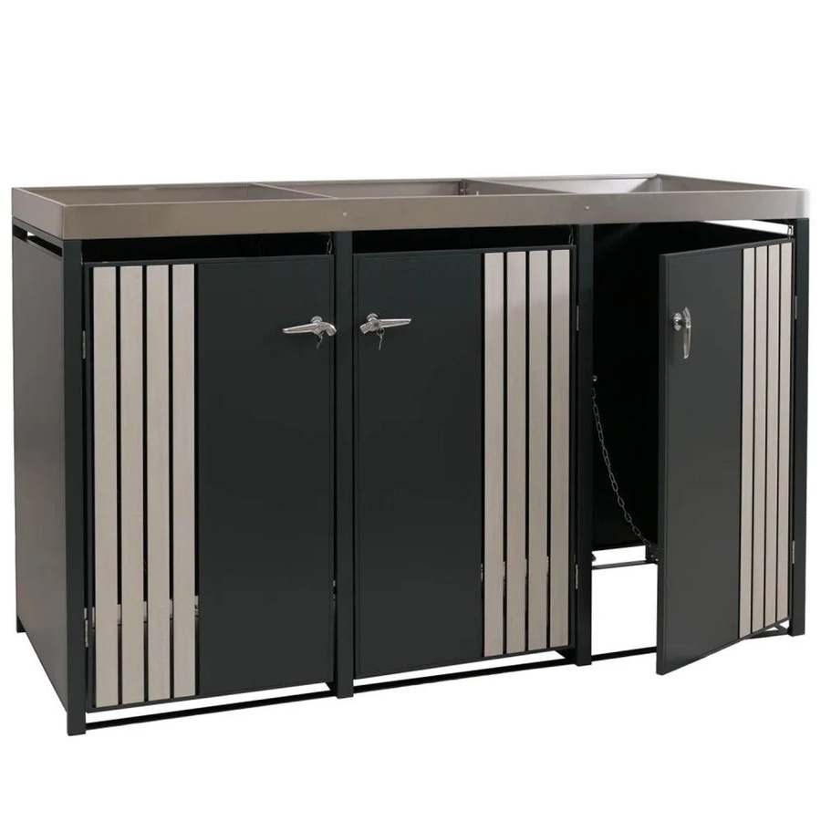 MCW 3er-Mülltonnenverkleidung O67 mit Pflanzkasten aus Metall in Anthrazit Holzoptik Hell, B/T/H: 125 x 84 x 196 cm - Bild 2