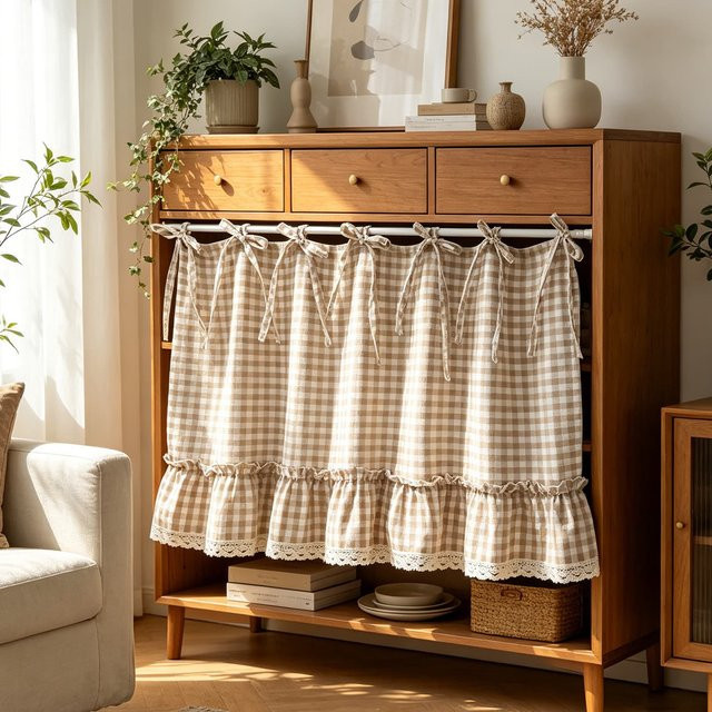 Kurzer Gardinenvorhang von tiyana im Landhausstil mit Gingham-Muster und gerüschter Spitzenborte, Farbe: Rot/Beige, Breite: 140 cm, Höhe: 80 cm - Bild 1