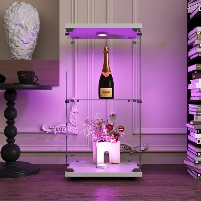 Rosahqnda Glasvitrine in Weiß mit LED-Beleuchtung, vertikale 2-stöckige Vitrine aus Glas und Holz für Sammlerstücke und Bücher - Bild 1