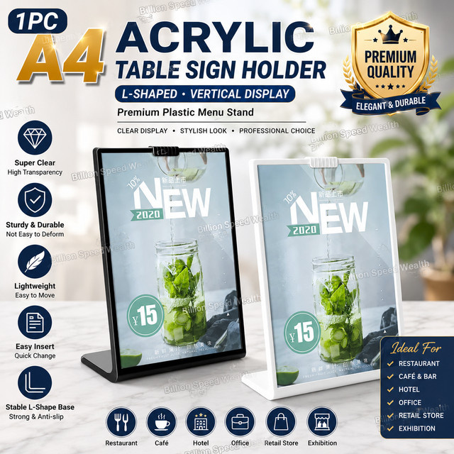1PS A4 Acryl Menü Display Stand L-förmig in Transparent oder Schwarz für Tischkarten und Kataloge - Bild 1