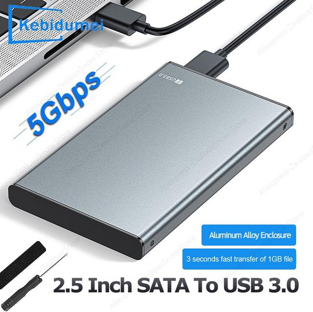 KEBIDUMEI Externes 2,5 Zoll SATA SSD HDD Gehäuse mit USB 3.0 zu USB-C Anschluss, Aluminiumlegierung, Schwarz - Bild 1