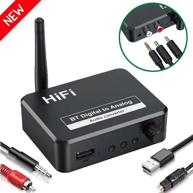 VAORLO Digital zu Analog Audio DAC Konverter mit Bluetooth 5.1, Optical Toslink zu 3,5 mm AUX und RCA L/R, Schwarz - Bild 1