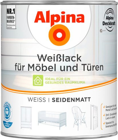 Alpina Weißlack für Holz seidenmatt, wasserbasiert, weiß, 0,75 l - Bild 1