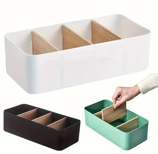 Schreibtisch-Aufbewahrungsbox und Kosmetik-Aufbewahrungskorb aus Bambus und Holz in Weiß - Bild 1