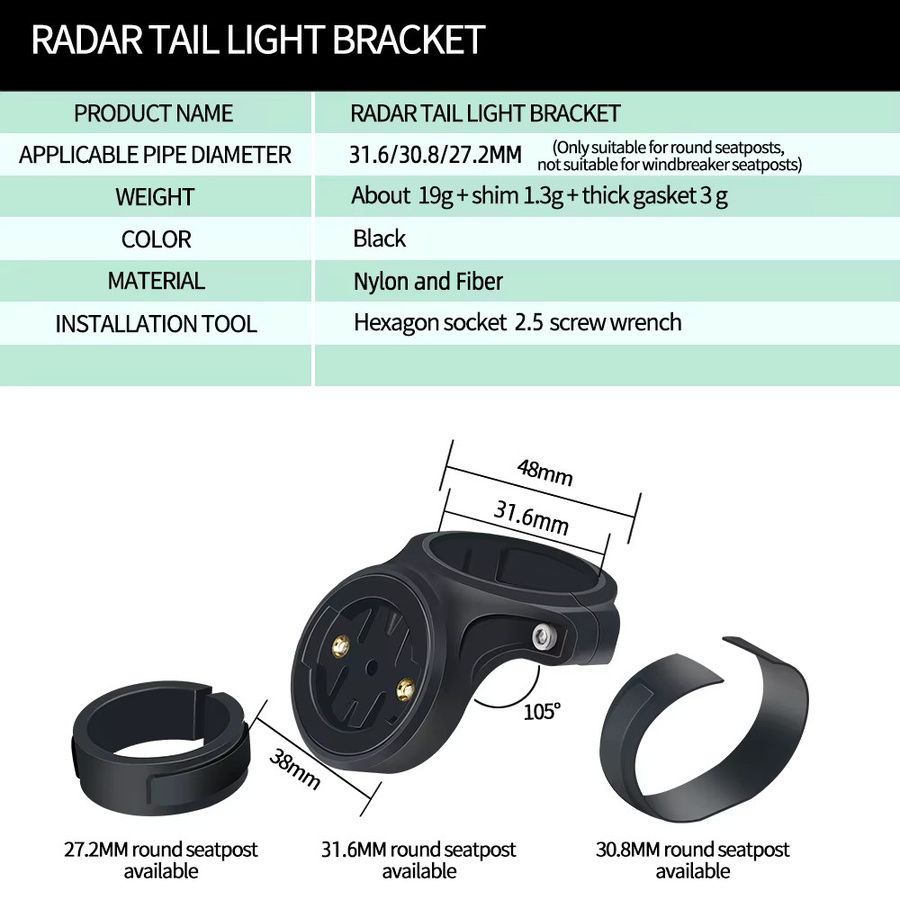 CYCLAMI Fahrrad Lampe Halterung für Garmin Varia Radar RVR 315 RTL510 515 500 in Schwarz - Bild 5