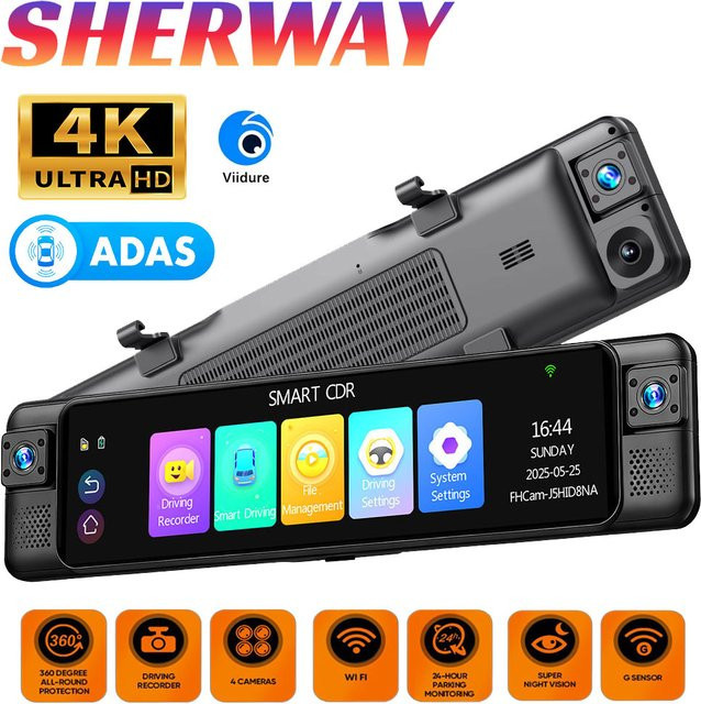 Sherway 11 Zoll Spiegel-Dashcam mit 4K UHD, 360 Grad Rundumüberwachung, ADAS und BSD, 4-Kanal DVR System in Schwarz - Bild 1