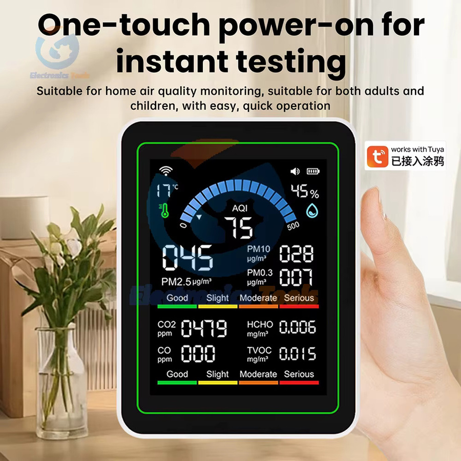 Gaqqee Tuya WiFi 10-in-1 Luftqualitätsmonitor in Weiß mit CO2-Messung, PM2,5, PM10, Formaldehyd sowie Temperatur- und Feuchtigkeitsanzeige - Bild 3