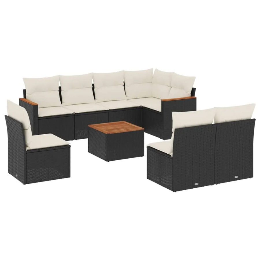vidaXL 9-tlg Garten-Sofagarnitur in L-Form aus Poly-Rattan und pulverbeschichtetem Stahl mit Kissen in Schwarz-Creme - Bild 2