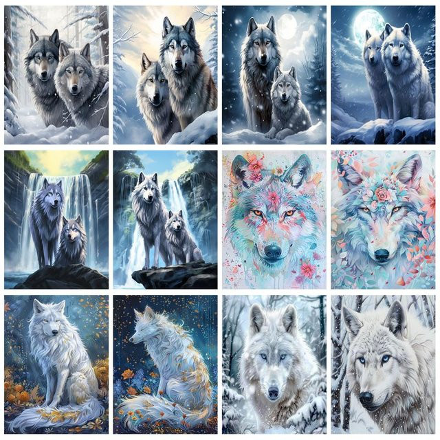 PhotoCustom Malen nach Zahlen Set Schnee Wolf Tier Motiv mit Rahmen und Acrylfarben für Erwachsene in Mehrfarbig - Bild 1
