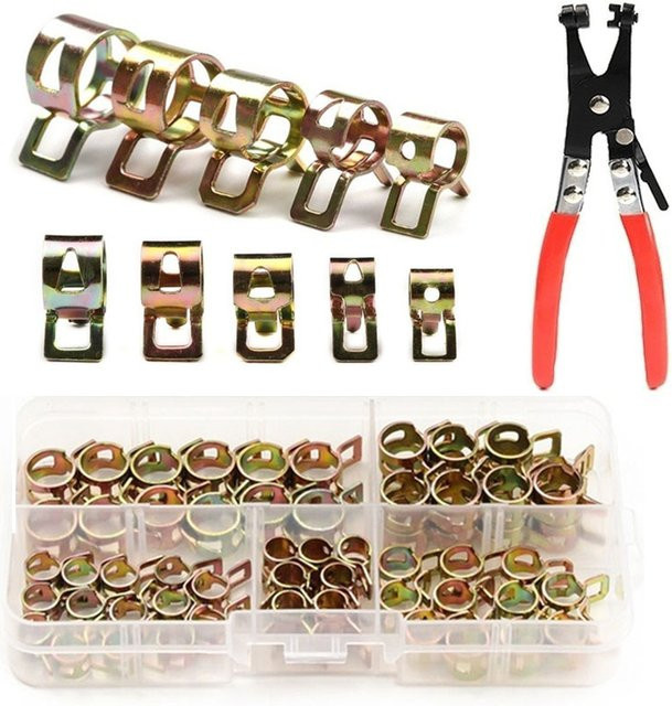 76-teiliges Sortiment-Set aus verzinktem Stahl mit 75 Federschlauchschellen (6–10 mm) und einer geraden Halsrohrschelle in Silber - Bild 1