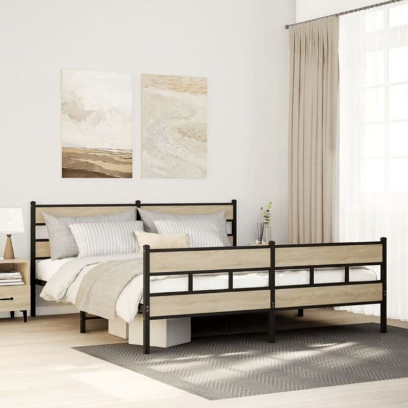 Metallbett Vidaxl im Industrial Design aus Metall und Holzwerkstoff, Farbe Sonoma-Eiche Natur, B/T/H: 193 x 203 x 91.5 cm - Bild 1