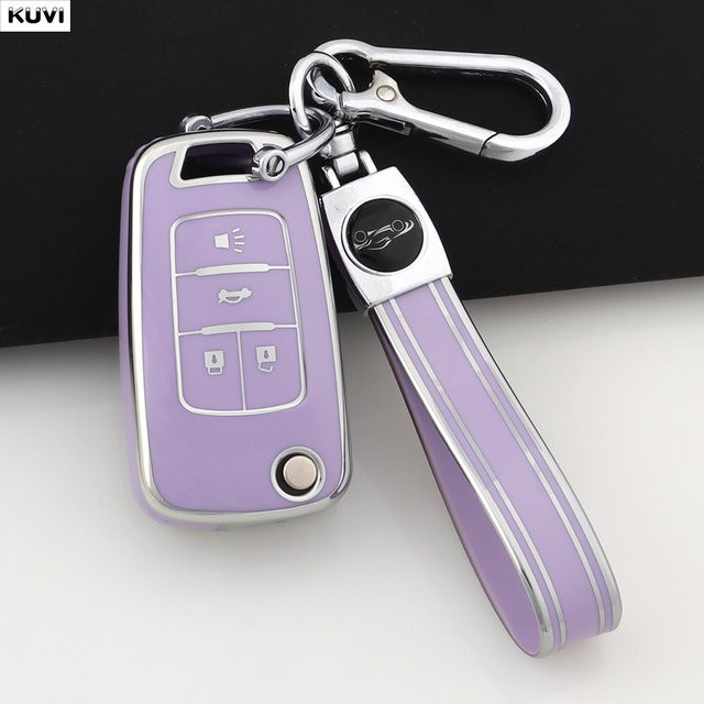 Kuvi TPU Auto Klappschlüsselhülle Fob Schlüsselanhänger für Chevrolet Cruze Aveo Camaro Epica Lova Sail Spark Opel Astra Corsa in Lila - Bild 1