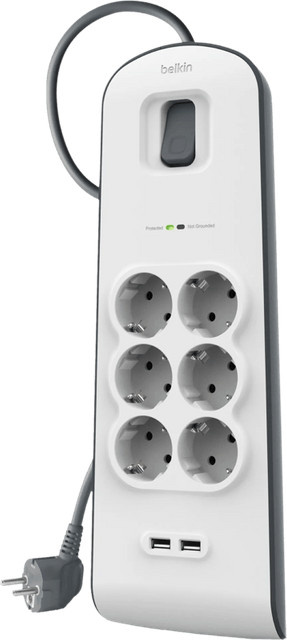 Belkin Überspannungsschutzleiste mit 6 Steckdosen, 2 USB-A Anschlüssen, Weiß, 2 Meter Kabel - Bild 1