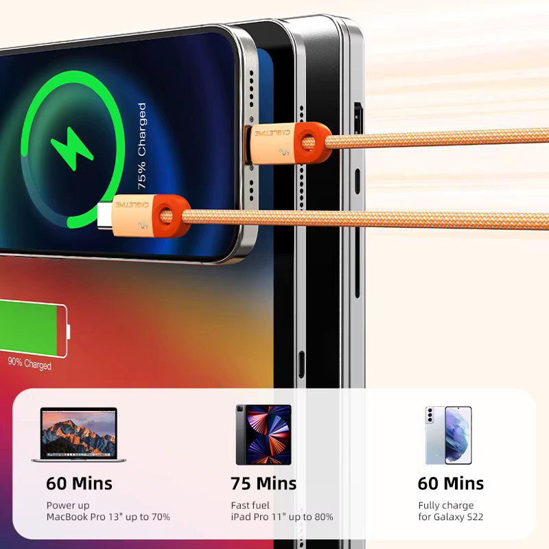CABLETIME USB-C-Kabel in Orange mit 60W PD Schnellladefunktion und 480 Mbit/s Datensynchronisierung - Bild 2