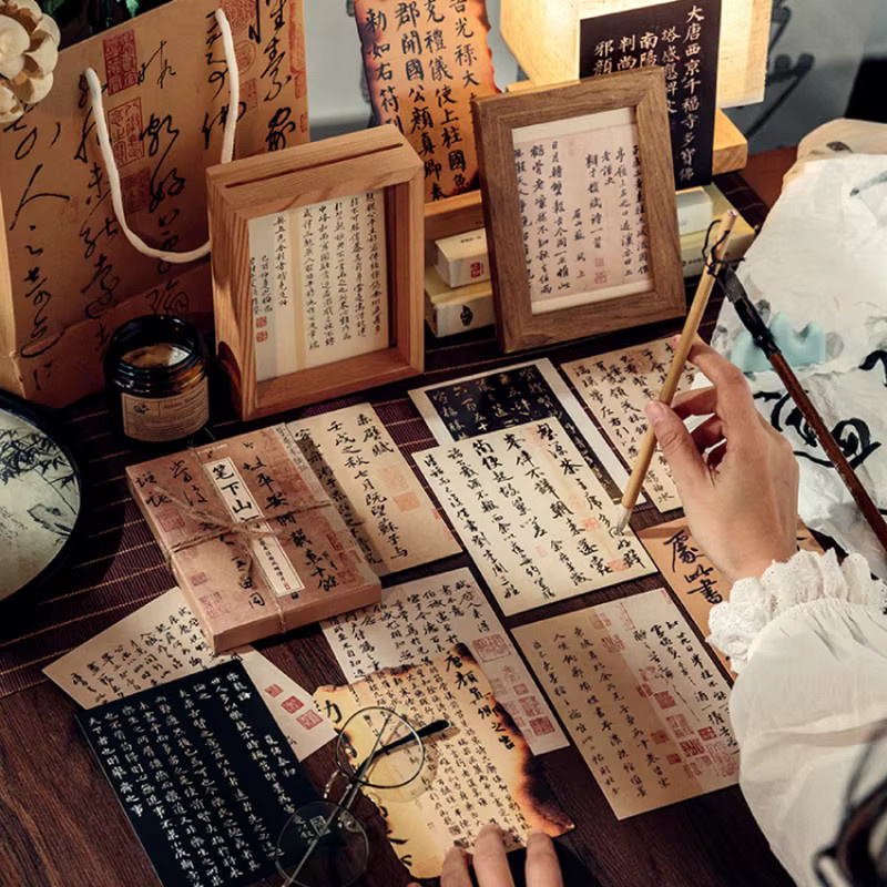 Morgenregen Postkarten im antiken Stil mit chinesischer Kalligrafie und Zitaten, beige, rechteckig - Bild 4