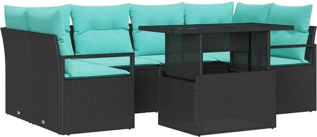vidaXL Garten-Sofa-Set 7-teilig aus Poly-Rattan in Schwarz und Blau mit Kissen und Tisch - Bild 1