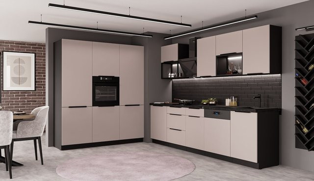 Einbauküche ARONA LOFT Küchenzeile in Kaschmir und Schwarz matt mit Küchenblock - Bild 1