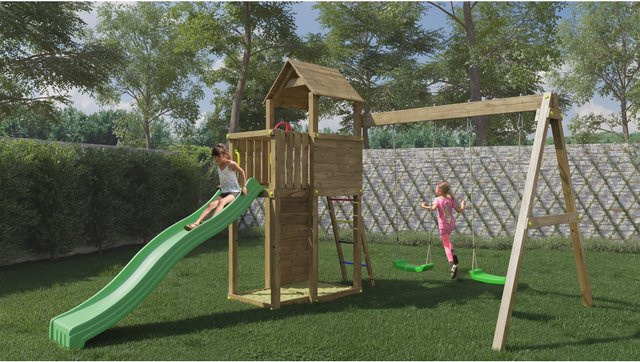 Fungoo Spielturm Boomer 3 Klettergerüst aus Teak mit Rutsche, Doppelschaukel, Leiter, Kletterwand und Holzdach - Bild 3