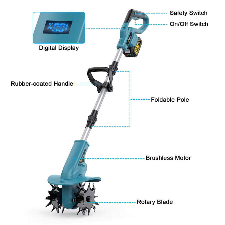 Gisam Bürstenloser Elektrischer Rotationsgrubber Kabelloser Kultivator und Vertikutierer in Blau für Makita LXT 18V Akku, Durchmesser: 22 cm - Bild 5