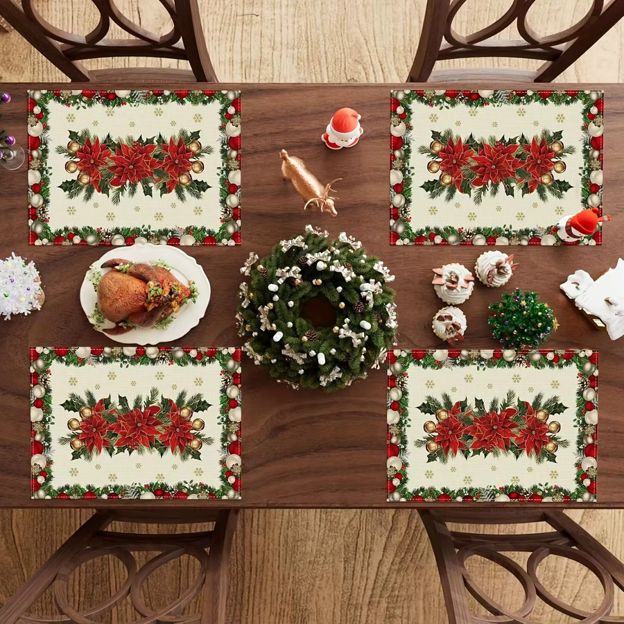 VIKAMA 4er Set dekorative Weihnachts-Tischsets mit floralem Design, wasserdicht und wärmeisolierend, rechteckig, Multicolour, B: 40,0 cm, T: 30,0 cm - Bild 4