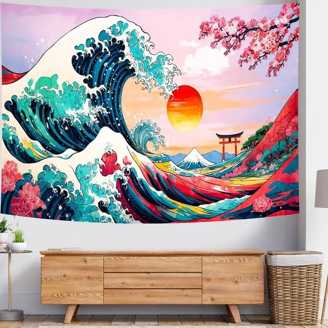 VIKAMA Wandteppich Große Welle im japanischen Kanagawa-Stil mit Kirschblüten, Mehrfarbiger Wandbehang für dein Schlafzimmer, B/H: 60 x 40 cm - Bild 1