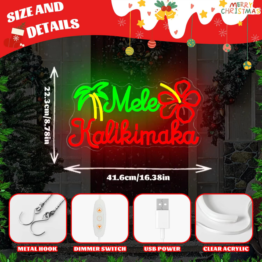 Mele Kalikimaka LED-Neonschild mit tropischen Palmen und Hibiskus, dimmbar, Mehrfarbig, Wanddekoration - Bild 3