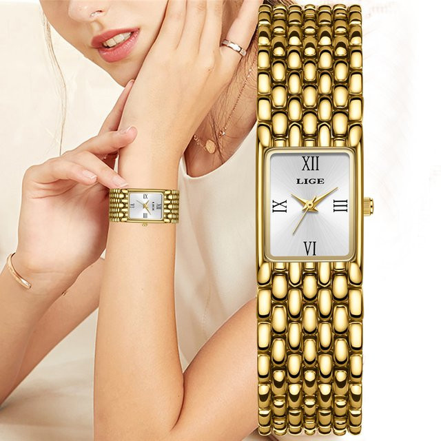 LIGE Armbanduhr, Quarz, Gold, Edelstahl, Eckig, Chronograph, Damen - Bild 1