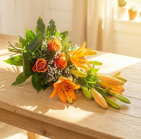 Mein Herz weint Arrangement Orange Lily Rose Gypsophila Greenery Sympathy and funeral