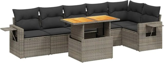 vidaXL 7-teilige Garten-Sofagarnitur in L-Form aus grauem Poly-Rattan mit Kissen und Akazienholz - Bild 1