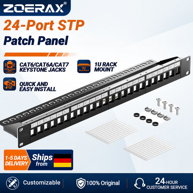 ZoeRax 24-Port RJ45 Netzwerk-Patchpanel 1U 19 Zoll, geschirmt, Schwarz, mit Kabelmanagement und Stützleiste - Bild 1