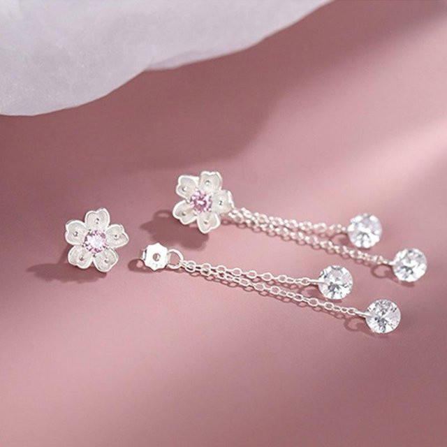 Ohrringe 925 Silber, Quaste, Kirschblüten, Zirkonia, Kristall, Damen - Bild 1