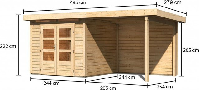 Gartenhaus Karibu KANDERN 3 aus Fichtenholz mit Pultdach und Anbaudach, Naturbelassen, B/T: 244 x 244 cm, Wandstärke: 28 mm - Bild 1
