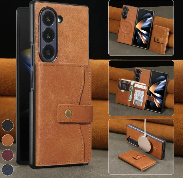 Retro Leder Handyhülle mit Brieftasche und Kartentasche für Samsung Galaxy Z Fold 7, 6, 5, 4, 3 in Blau oder Braun - Bild 1