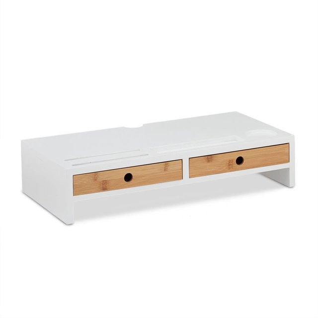 Relaxdays Monitorständer aus MDF und Bambus in Weiß und Natur mit 2 Schubladen, B/T/H: 56 x 27 x 12 cm - Bild 1