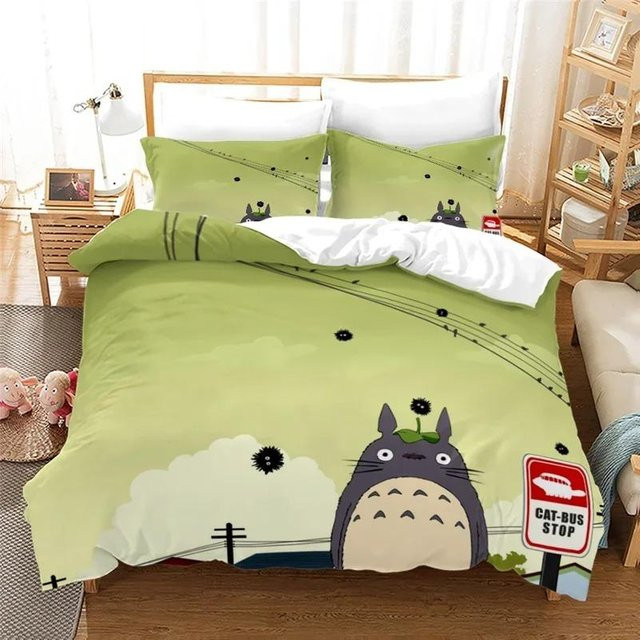 Binchi Fitness Anime Bettwäscheset T-Totoro Kawaii in Grün, bestehend aus Bettbezug und Kissenbezügen, B/H: 245 x 210 cm - Bild 1