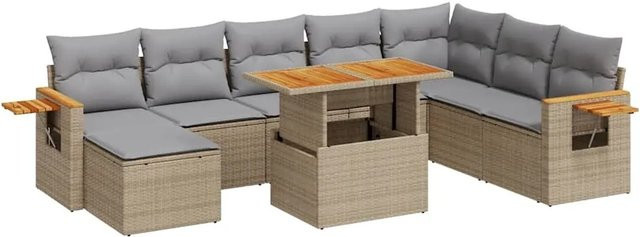 vidaXL 9-teilige Garten-Sofagarnitur aus Poly-Rattan und Akazienholz in Beige-Grau mit Kissen - Bild 1