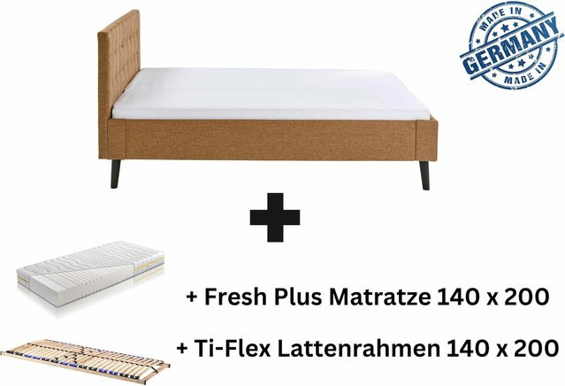 Polsterbett Amira Bettgestell mit Kopfteil von Aileenstore in Ocker, B/T/H: 140 x 200 cm - Bild 1