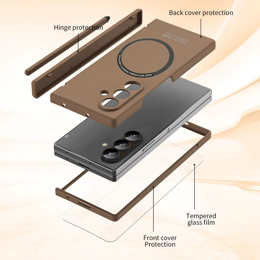CHAOYIDIAN Magnetische Scharnier-Hülle für Samsung Galaxy Z Fold 7 6 5 mit Displayschutzfolie, S Pen Slot und kabellosem Laden, Matt PC-Hülle in Weiß oder Braun - Bild 5