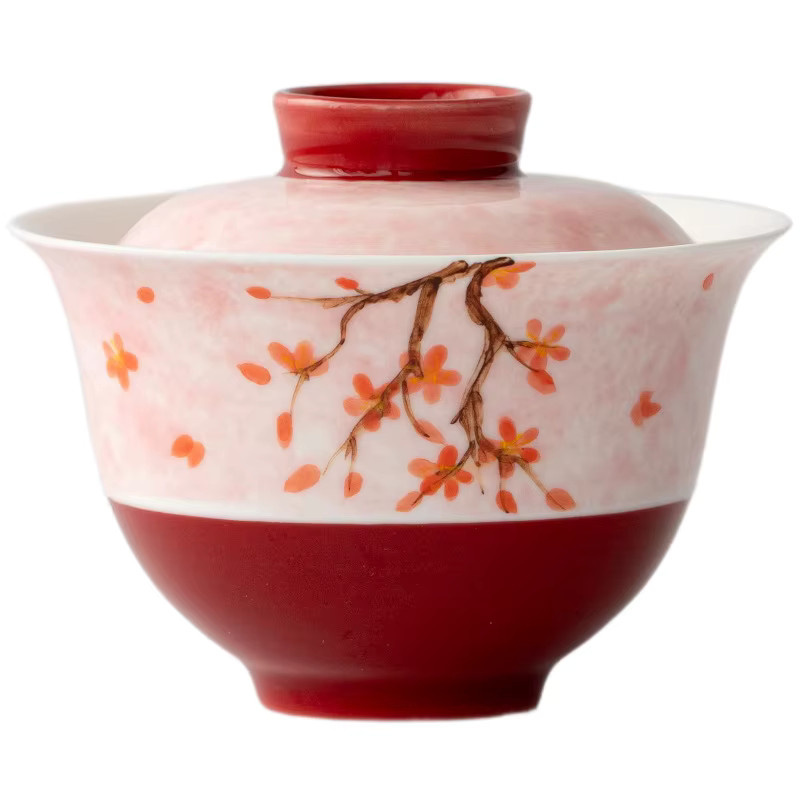 Handbemalte Keramik-Teeschale mit Deckel im Guochao-Stil mit roter Pflaumenblüte - Bild 5