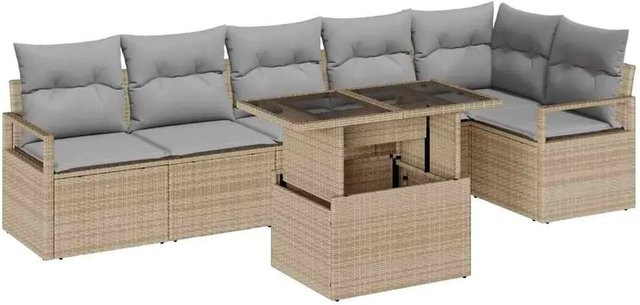 vidaXL Garten-Sofa-Set aus Poly Rattan in Beige mit 7 Teilen, bestehend aus Ecksofa, Mittelsitzen, Armsofas und Tisch, inklusive UV-beständiger und wetterfester Kissen - Bild 1
