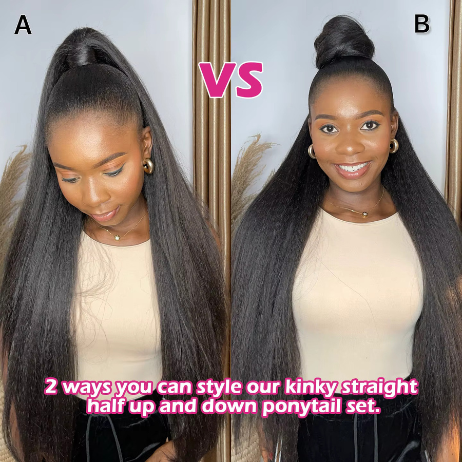 mayfive Kinky Straight Pferdeschwanz Echthaar, Wellenförmiger Yaki-Pferdeschwanz, Naturschwarz - Bild 6